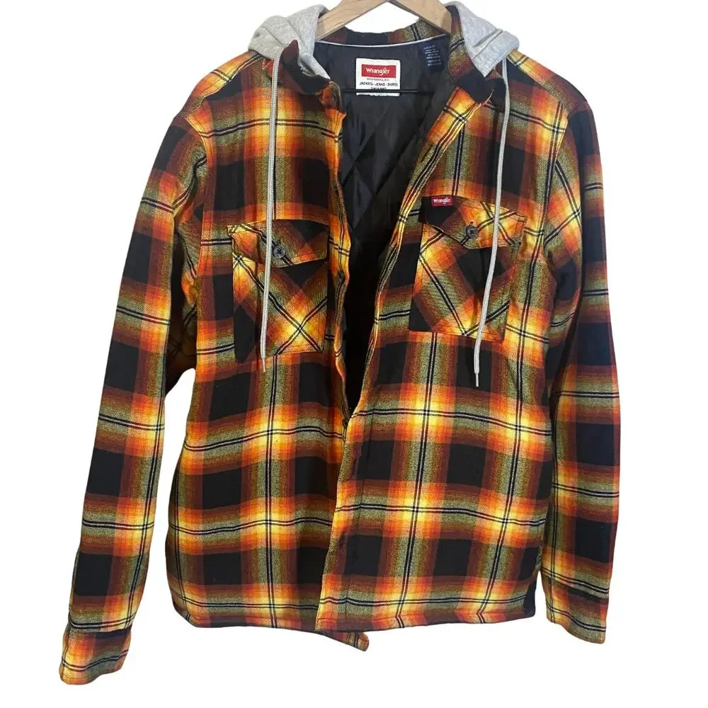 Wrangler Men's Heavyweight Hooded Shirt Jacket Shacket Plaid Yellow Orange Sz S